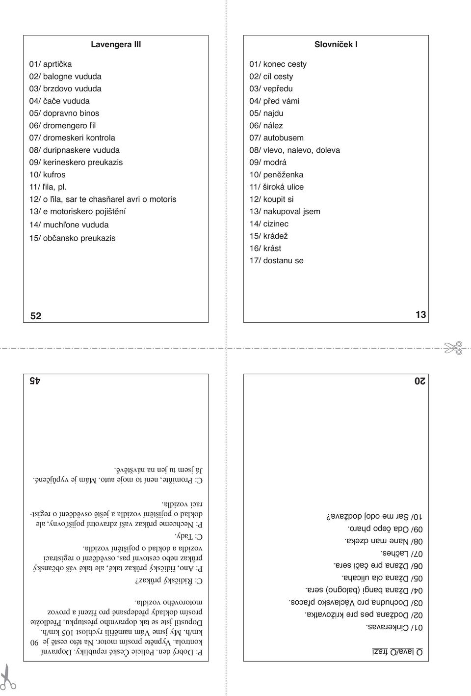 12/ o ľila, sar te chasňarel avri o motoris 13/ e motoriskero pojištění 14/ muchľone vududa 15/ občansko preukazis Slovníček I 01/ konec cesty 02/ cíl cesty 03/ vepředu 04/ před vámi 05/ najdu 06/