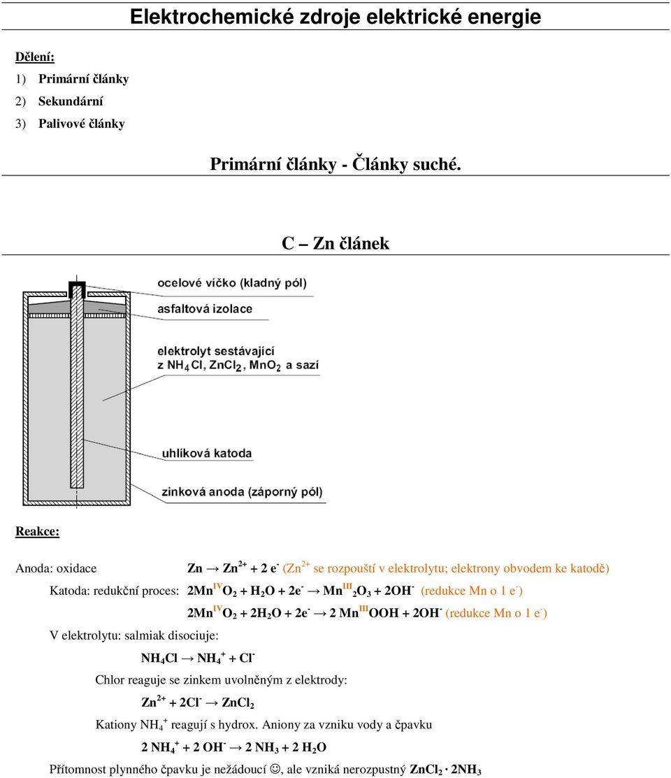 2OH - (redukce Mn o 1 e - ) 2Mn IV O 2 + 2H 2 O + 2e - 2 Mn III OOH + 2OH - (redukce Mn o 1 e - ) V elektrolytu: salmiak disociuje: NH 4 Cl NH + 4 + Cl - Chlor reaguje se