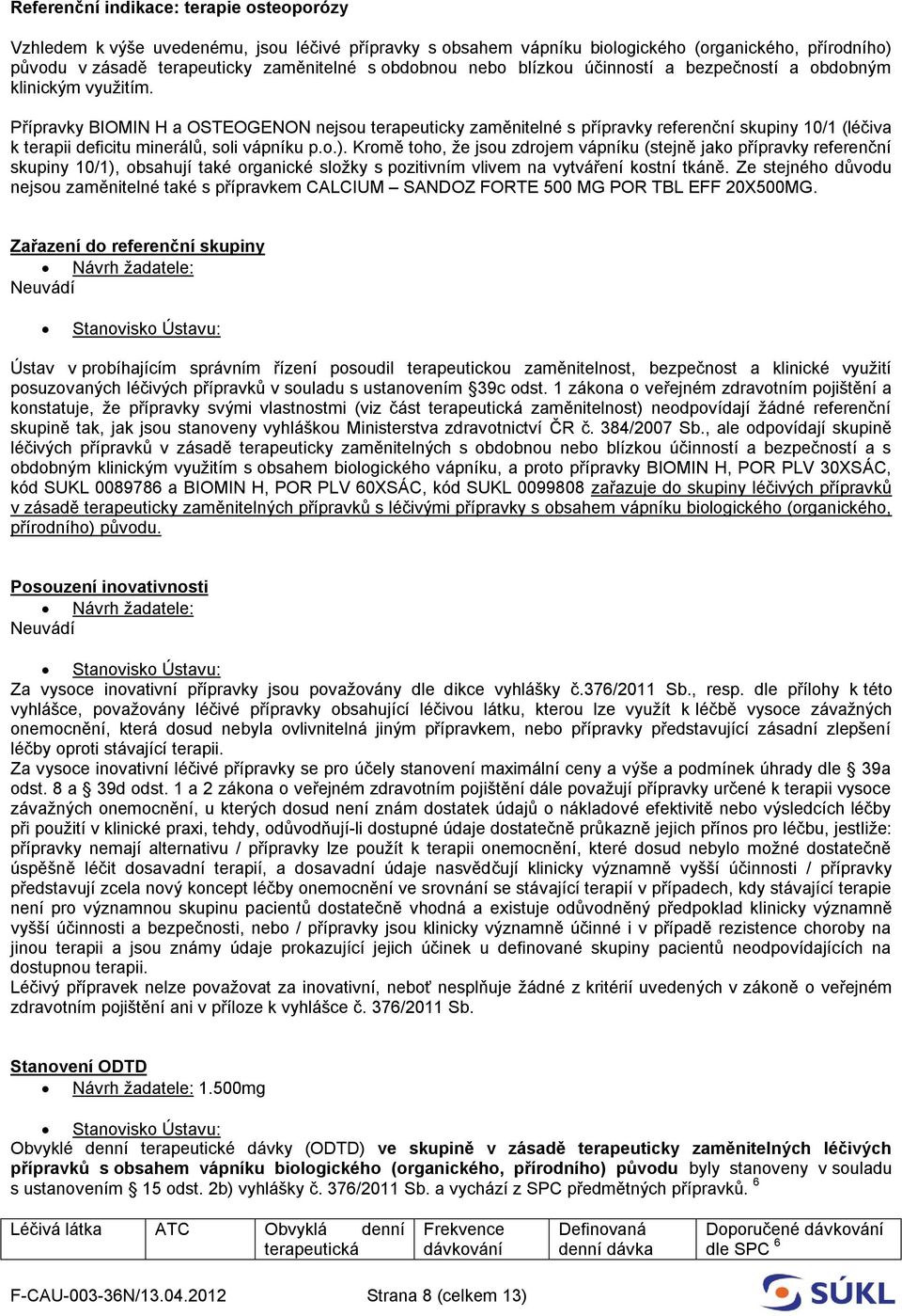 Přípravky BIOMIN H a OSTEOGENON nejsou terapeuticky zaměnitelné s přípravky referenční skupiny 10/1 (léčiva k terapii deficitu minerálů, soli vápníku p.o.).