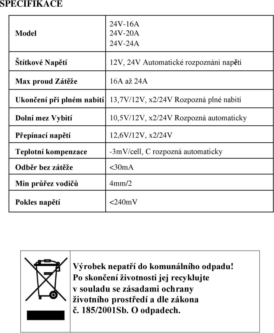 Pokles napětí 10,5V/12V, x2/24v Rozpozná automaticky 12,6V/12V, x2/24v -3mV/cell, C rozpozná automaticky <30mA 4mm/2 <240mV Výrobek nepatří do