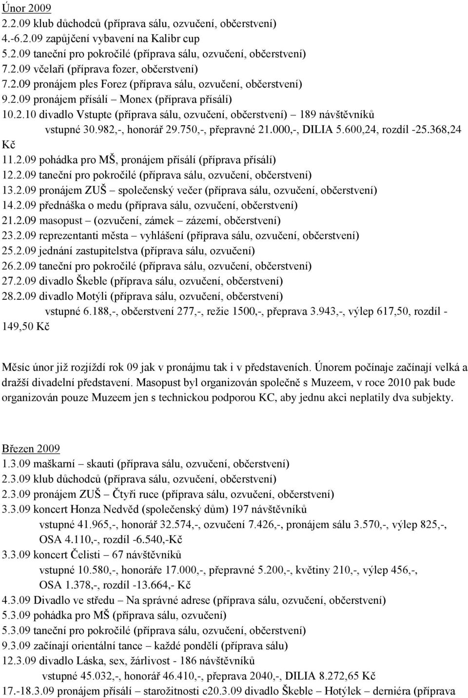 982,-, honorář 29.750,-, přepravné 21.000,-, DILIA 5.600,24, rozdíl -25.368,24 Kč 11.2.09 pohádka pro MŠ, pronájem přísálí (příprava přísálí) 12.2.09 taneční pro pokročilé (příprava sálu, ozvučení, občerstvení) 13.