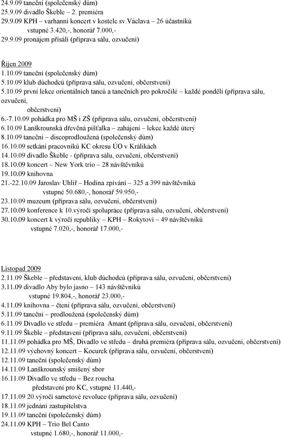 -7.10.09 pohádka pro MŠ i ZŠ (příprava sálu, ozvučení, občerstvení) 6.10.09 Lanškrounská dřevěná píšťalka zahájení lekce každé úterý 8.10.09 taneční discoprodloužená (společenský dům) 16.10.09 setkání pracovníků KC okresu ÚO v Králikách 14.