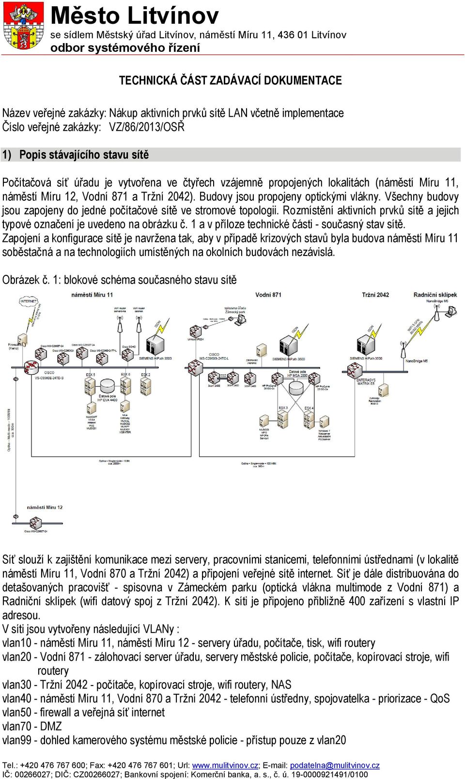 12, Vodní 871 a Tržní 2042). Budovy jsou propojeny optickými vlákny. Všechny budovy jsou zapojeny do jedné počítačové sítě ve stromové topologii.