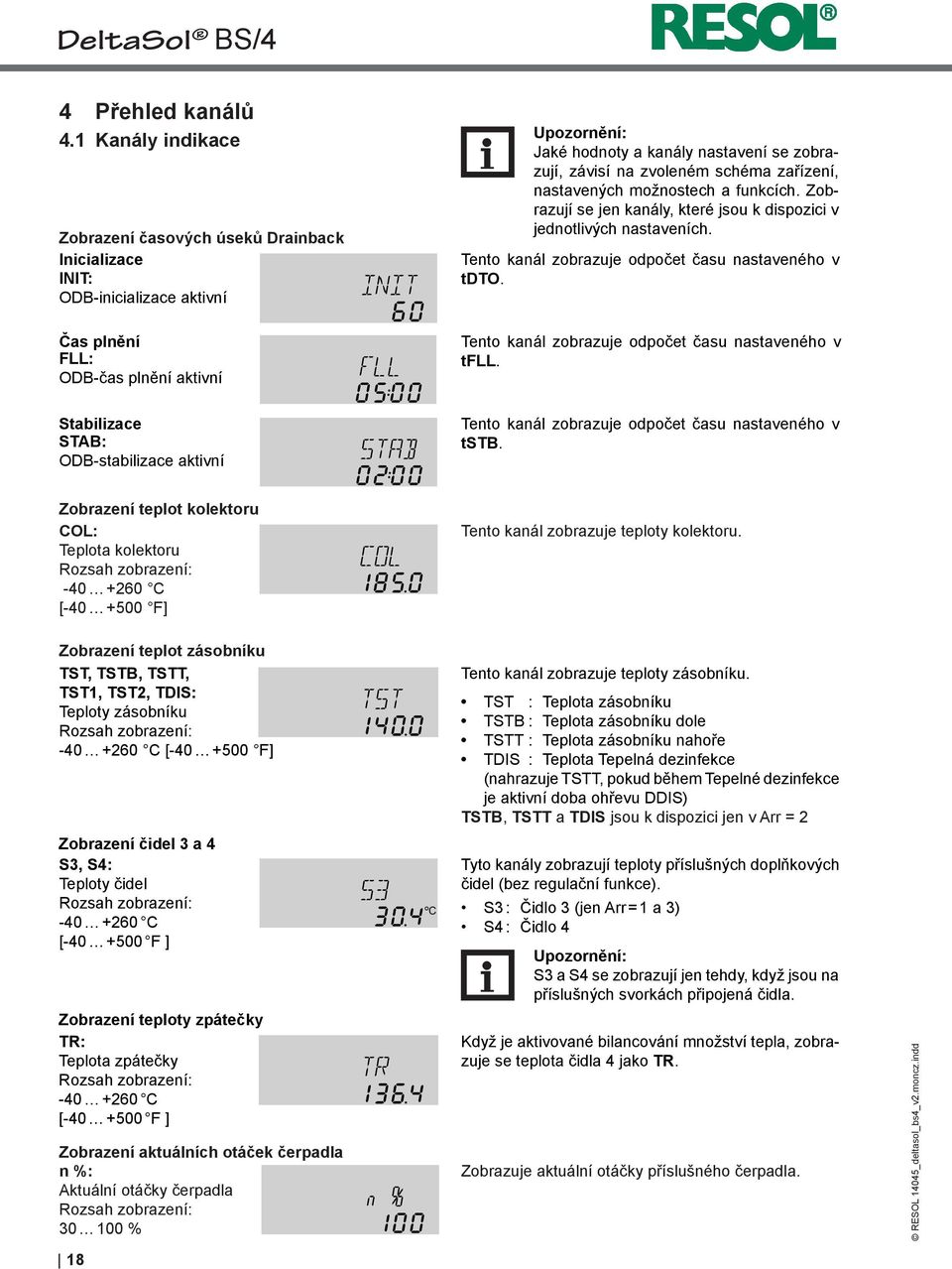 zvoleném schéma zařízení, nastavených možnostech a funkcích. Zobrazují se jen kanály, které jsou k dispozici v jednotlivých nastaveních. Tento kanál zobrazuje odpočet času nastaveného v tdto.