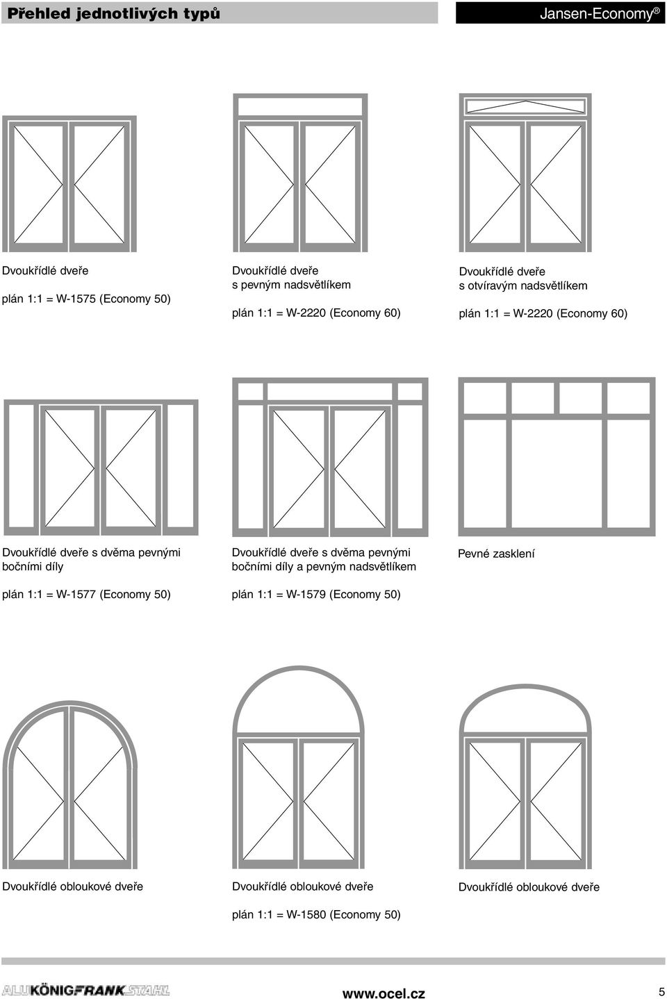 bočními díly plán 1:1 = W-1577 (Economy ) Dvoukřídlé dveře s dvěma pevnými bočními díly a pevným nadsvětlíkem plán 1:1 = W-1579