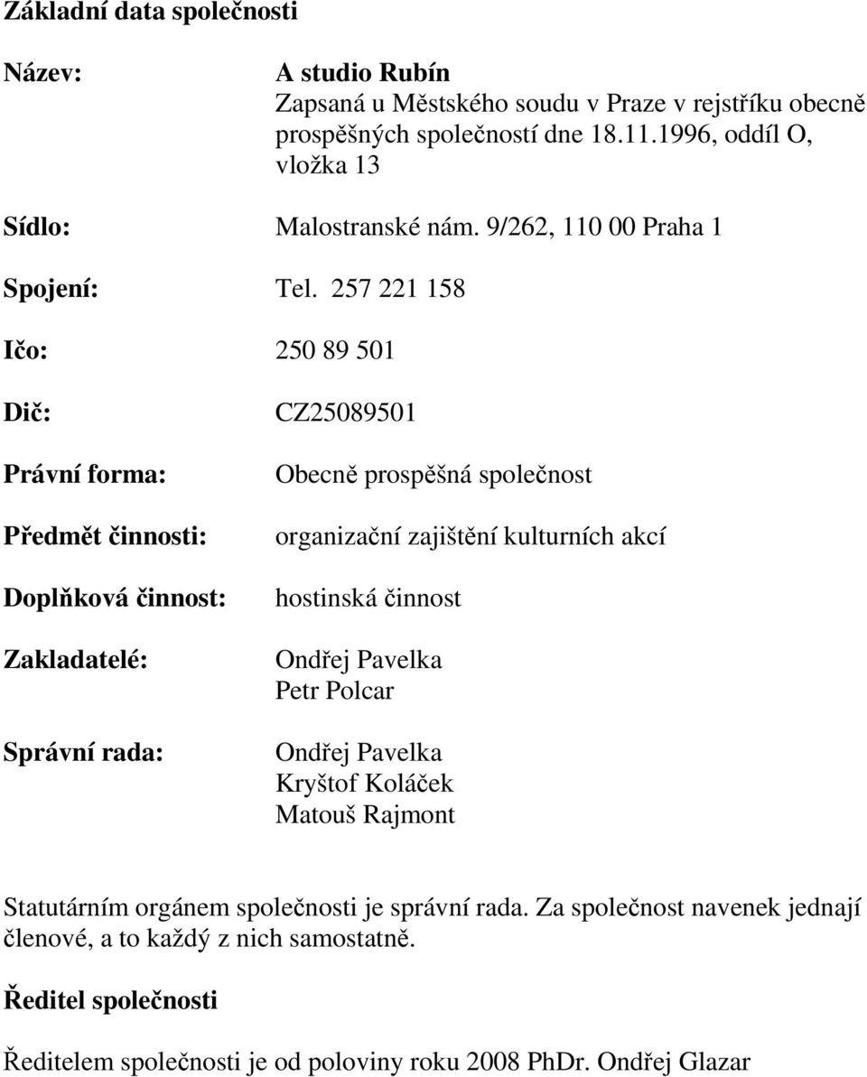 257 221 158 Ičo: 25 89 51 Dič: Právní forma: Předmět činnosti: Doplňková činnost: Zakladatelé: Správní rada: CZ258951 Obecně prospěšná společnost organizační zajištění