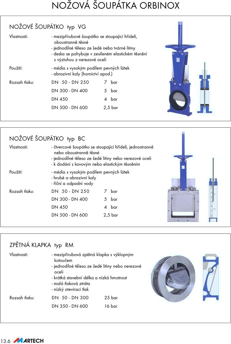 ) Rozsah tlaku: DN 50 - DN 250 7 bar DN 300 - DN 400 DN 450 DN 500 - DN 600 5 bar 4 bar 2,5 bar NOŽOVÉ ŠOUPÁTKO typ BC - čtvercové šoupátko se stoupající hřídelí, jednostranně nebo oboustranně těsné