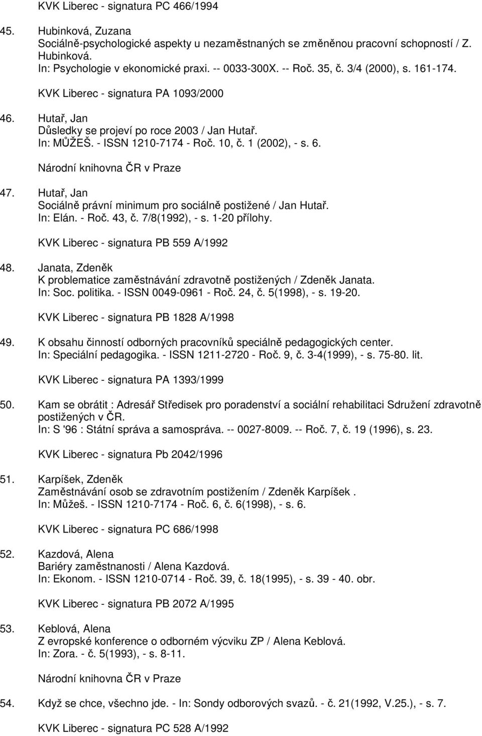 1 (2002), - s. 6. Národní knihovna ČR v Praze 47. Hutař, Jan Sociálně právní minimum pro sociálně postižené / Jan Hutař. In: Elán. - Roč. 43, č. 7/8(1992), - s. 1-20 přílohy.