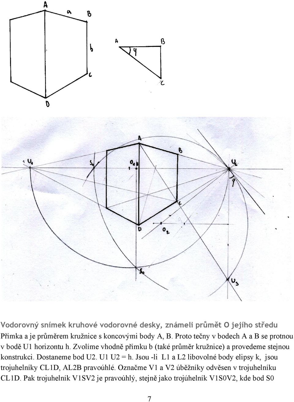 Zvolíme vhodně přímku b (také průměr kružnice) a provedeme stejnou konstrukci. Dostaneme bod U2. U1 U2 = h.