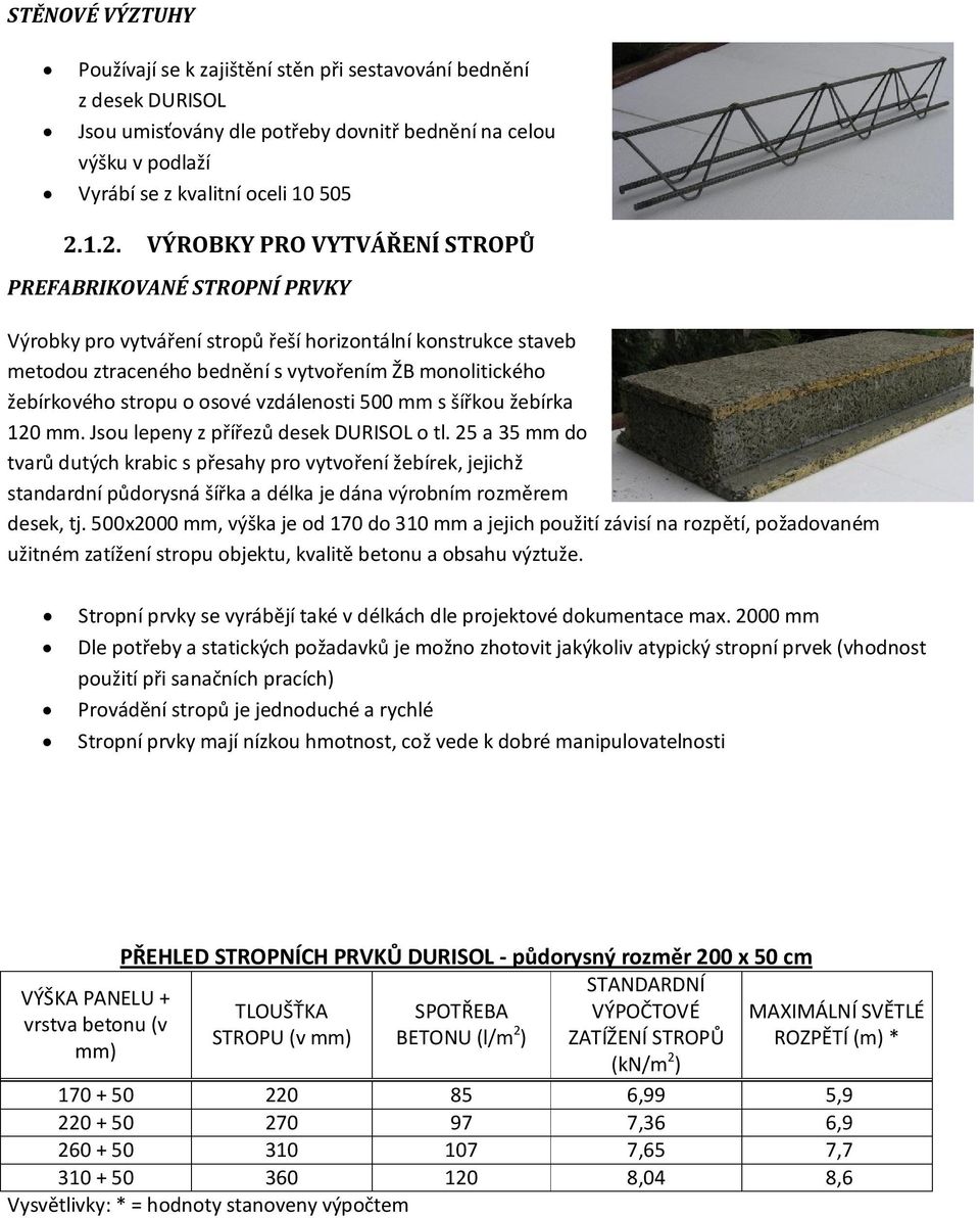 stropu o osové vzdálenosti 500 mm s šířkou žebírka 120 mm. Jsou lepeny z přířezů desek DURISOL o tl.