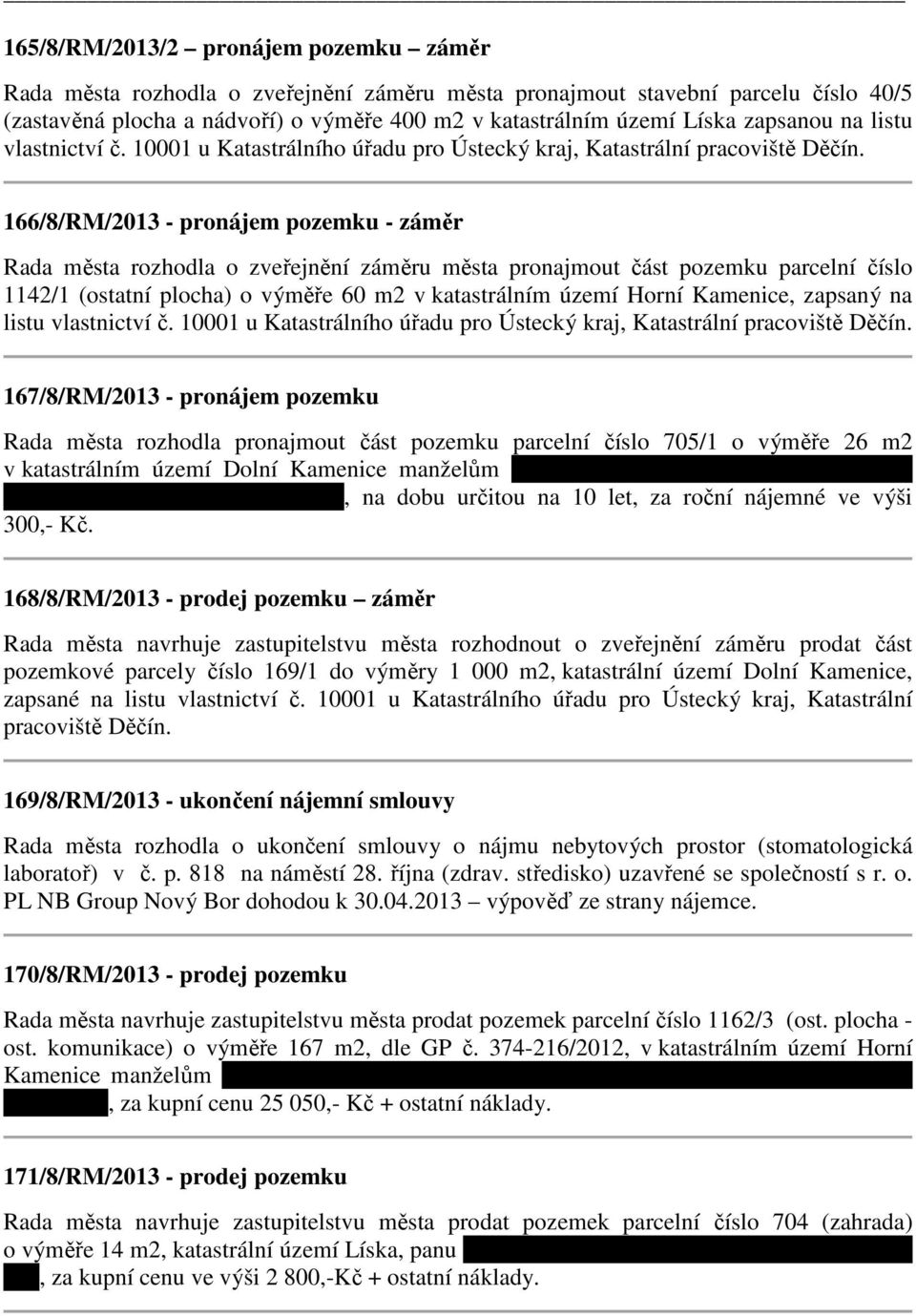 166/8/RM/2013 - pronájem pozemku - záměr Rada města rozhodla o zveřejnění záměru města pronajmout část pozemku parcelní číslo 1142/1 (ostatní plocha) o výměře 60 m2 v katastrálním území Horní