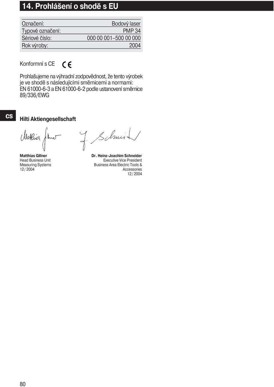 EN 61000-6-3 a EN 61000-6-2 podle ustanovení směrnice 89/336/EWG Hilti Aktiengesellschaft Matthias Gillner Dr.