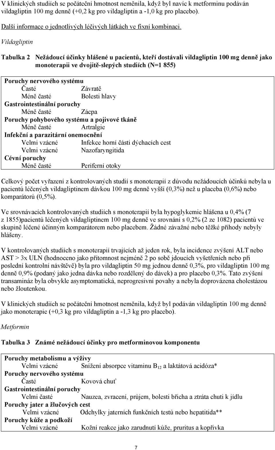 Vildagliptin Tabulka 2 Nežádoucí účinky hlášené u pacientů, kteří dostávali vildagliptin 100 mg denně jako monoterapii ve dvojitě-slepých studiích (N=1 855) Poruchy nervového systému Časté Závratě