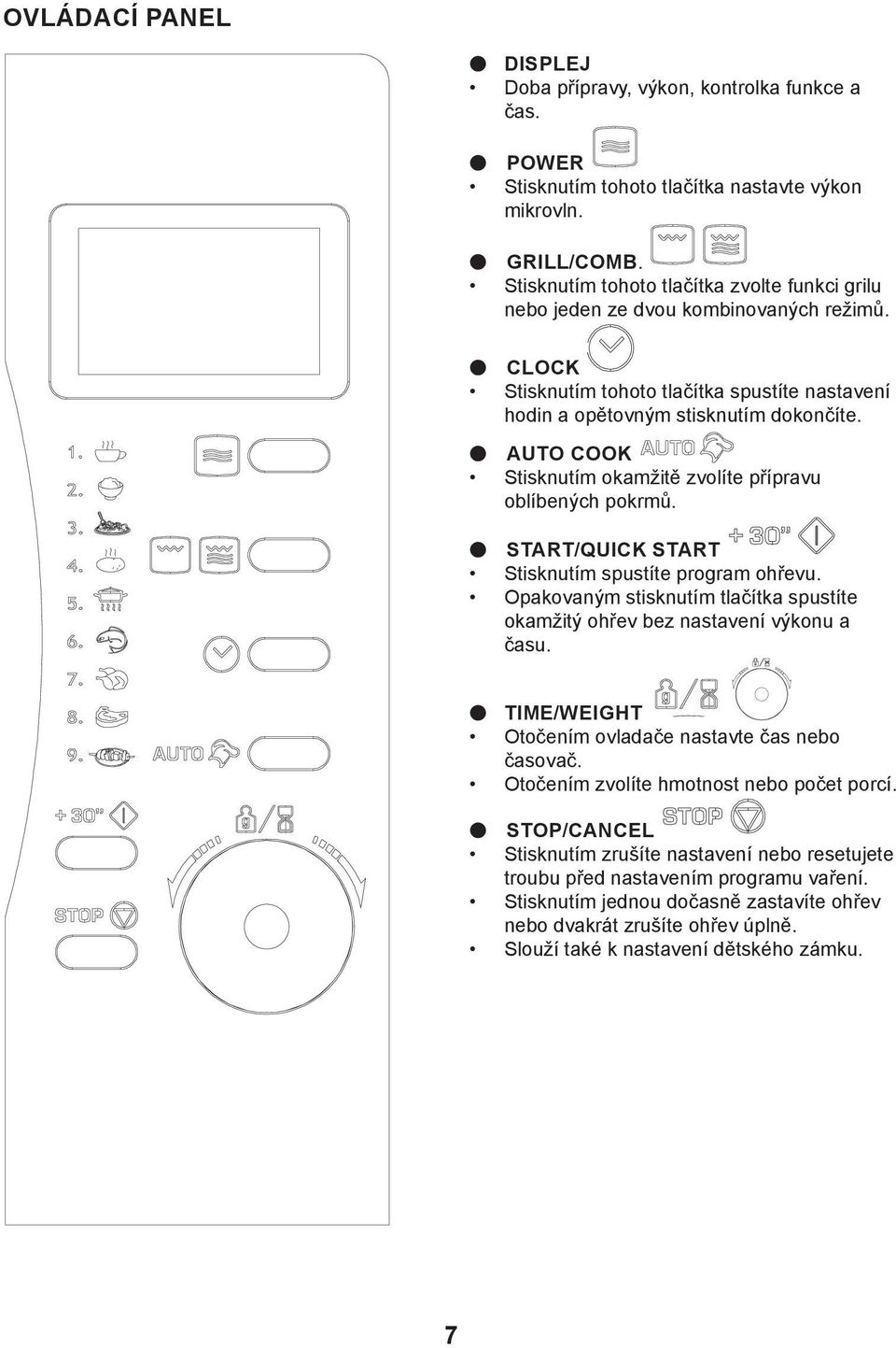 r AUTO COOK Stisknutím okamžitě zvolíte přípravu oblíbených pokrmů. r START/QUICK START Stisknutím spustíte program ohřevu.