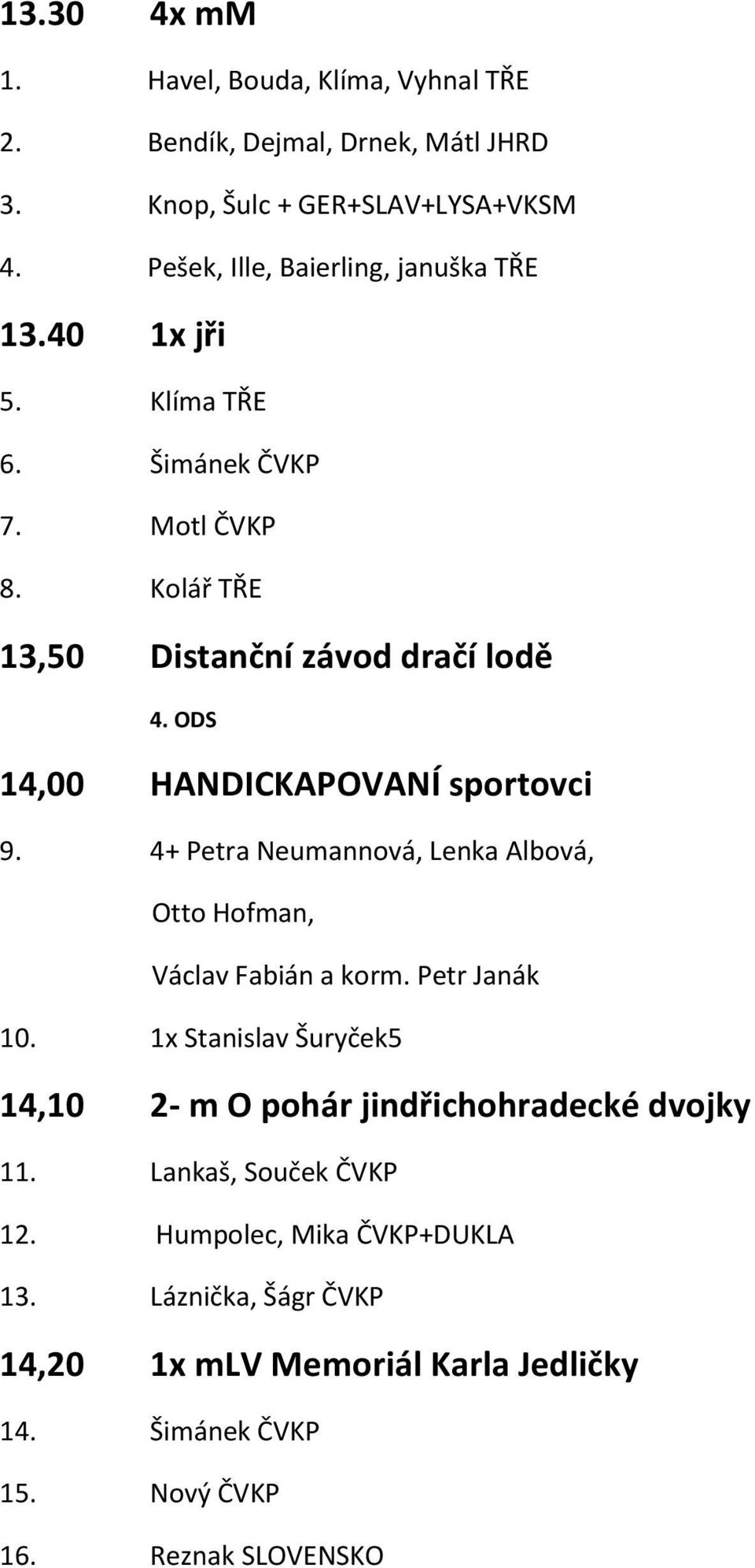 ODS 14,00 HANDICKAPOVANÍ sportovci 9. 4+ Petra Neumannová, Lenka Albová, Otto Hofman, Václav Fabián a korm. Petr Janák 10.