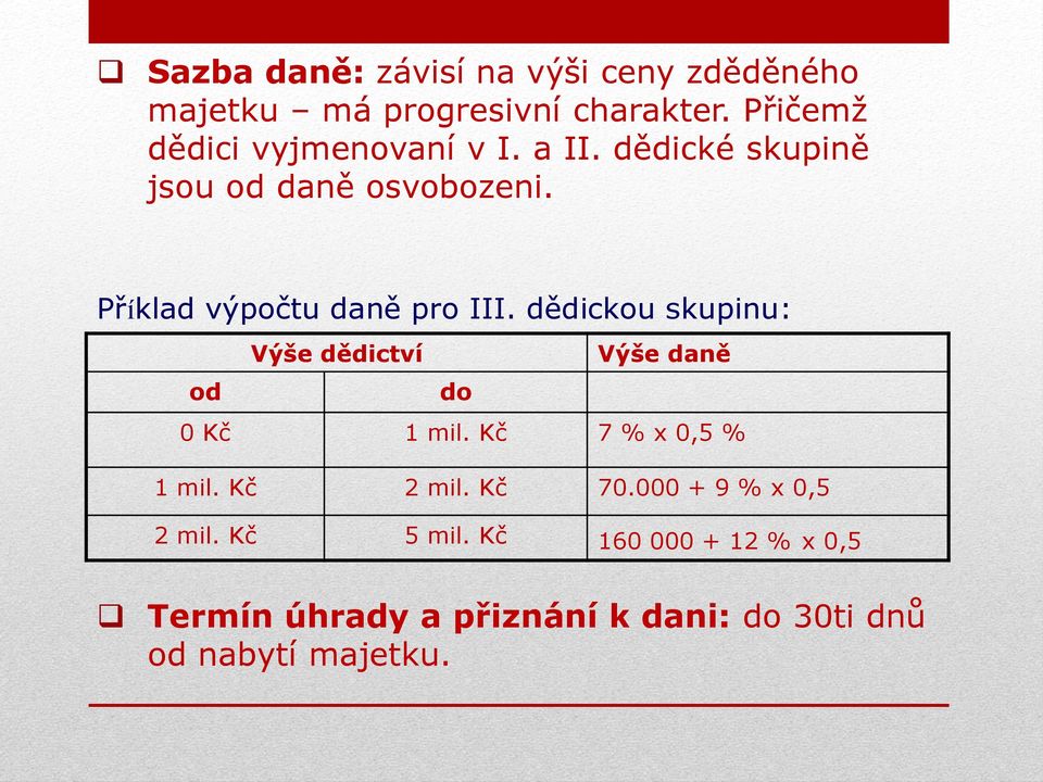 Příklad výpočtu daně pro III. dědickou skupinu: Výše dědictví Výše daně od do 0 Kč 1 mil.