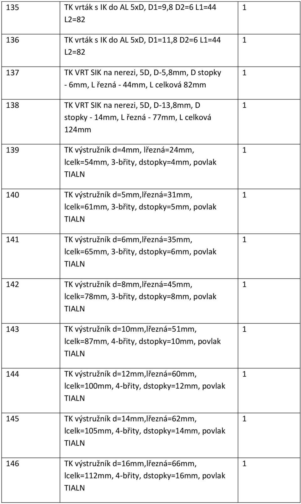 povlak TIALN 4 TK výstružník d=6mm,lřezná=mm, lcelk=6mm, -břity, dstopky=6mm, povlak TIALN 4 TK výstružník d=8mm,lřezná=4mm, lcelk=78mm, -břity, dstopky=8mm, povlak TIALN 4 TK výstružník