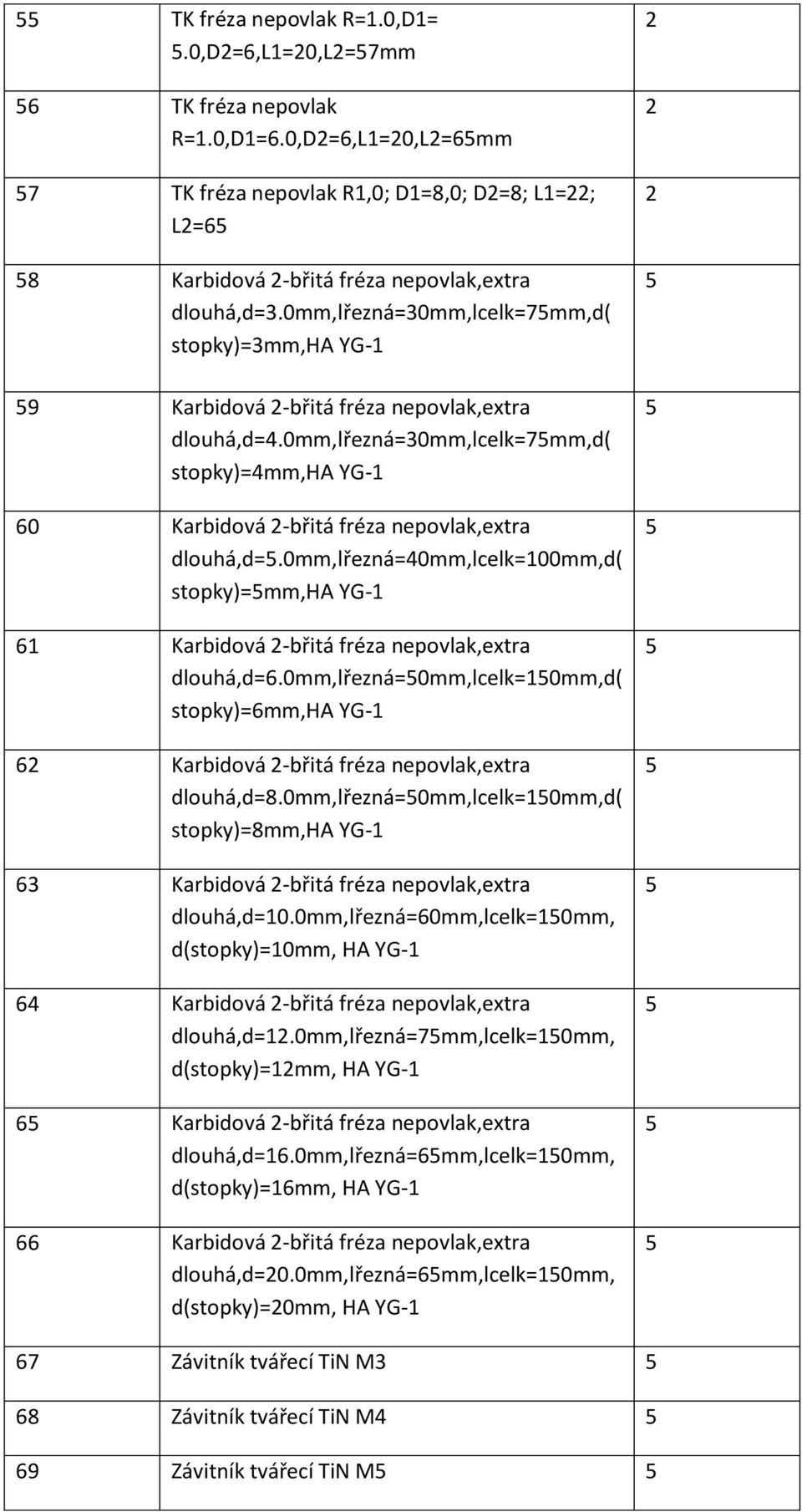 0mm,lřezná=40mm,lcelk=00mm,d( stopky)=mm,ha YG- 6 Karbidová -břitá fréza nepovlak,extra dlouhá,d=6.0mm,lřezná=0mm,lcelk=0mm,d( stopky)=6mm,ha YG- 6 Karbidová -břitá fréza nepovlak,extra dlouhá,d=8.