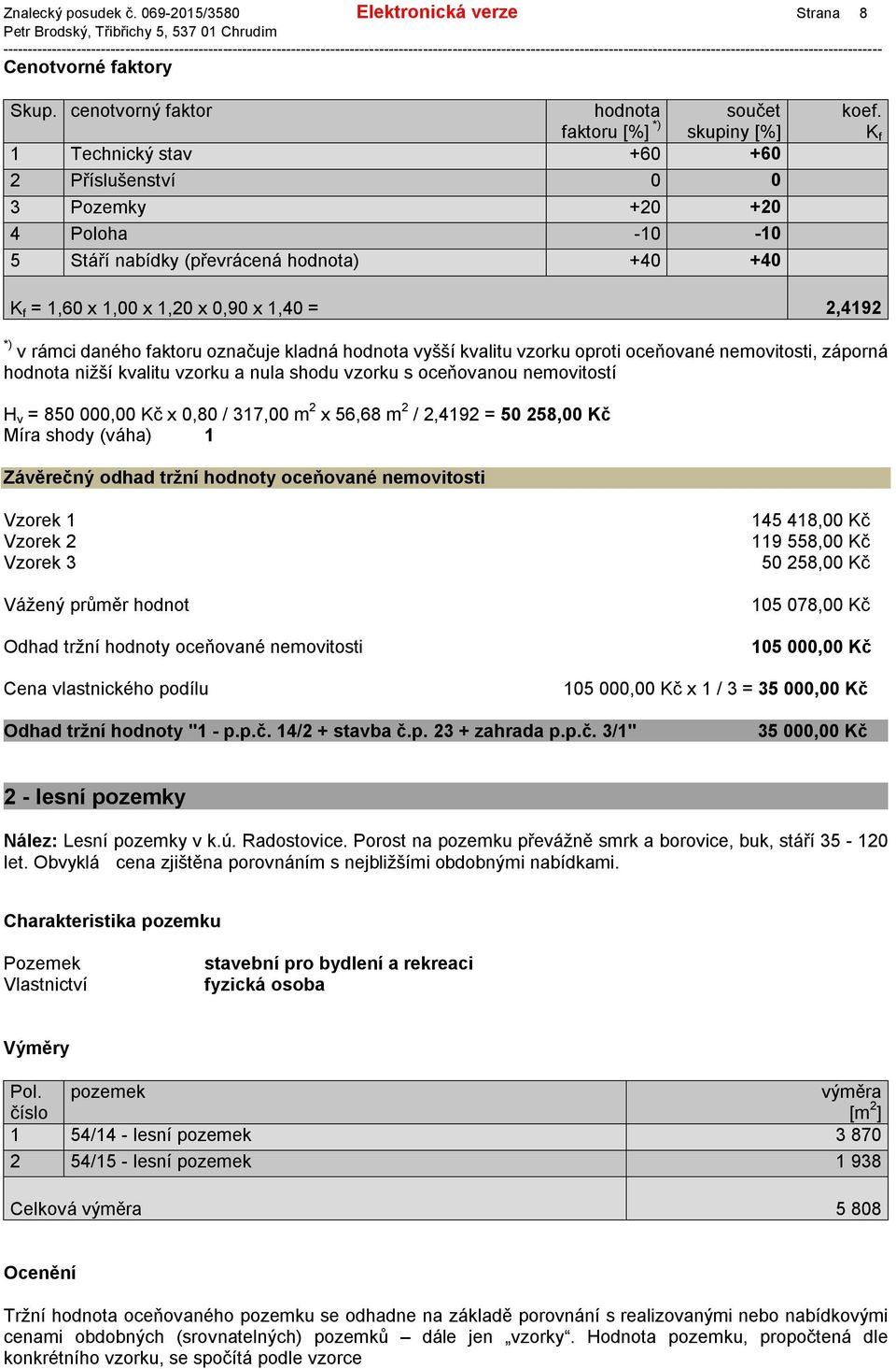 = 1,60 x 1,00 x 1,20 x 0,90 x 1,40 = 2,4192 *) v rámci daného faktoru označuje kladná hodnota vyšší kvalitu vzorku oproti oceňované nemovitosti, záporná hodnota nižší kvalitu vzorku a nula shodu