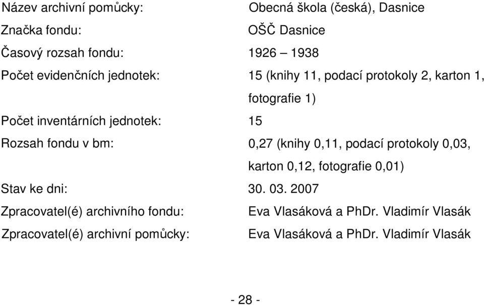 fondu v bm: 0,27 (knihy 0,11, podací protokoly 0,03, karton 0,12, fotografie 0,01) Stav ke dni: 30. 03.