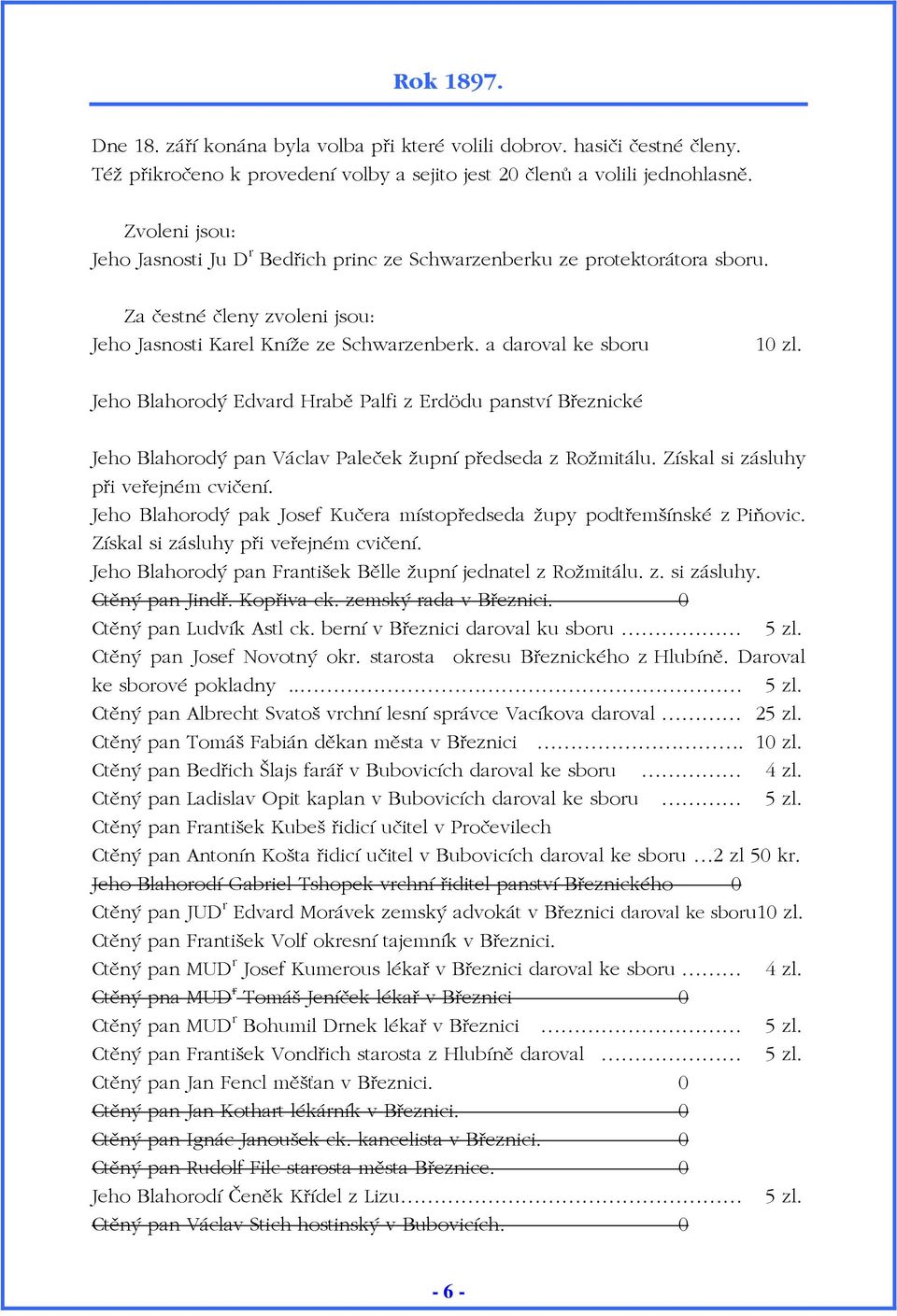 Jeho Blahorodý Edvard Hrabě Palfi z Erdödu panství Březnické Jeho Blahorodý pan Václav Paleček župní předseda z Rožmitálu. Získal si zásluhy při veřejném cvičení.