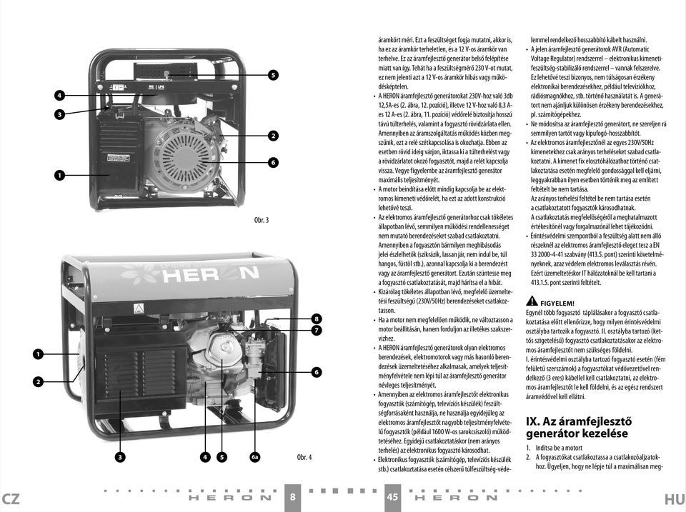 A HERON áramfejlesztő generátorokat 230V-hoz való 3db 12,5A-es (2. ábra, 12. pozíció), illetve 12 V-hoz való 8,3 A- es 12 A-es (2. ábra, 11.