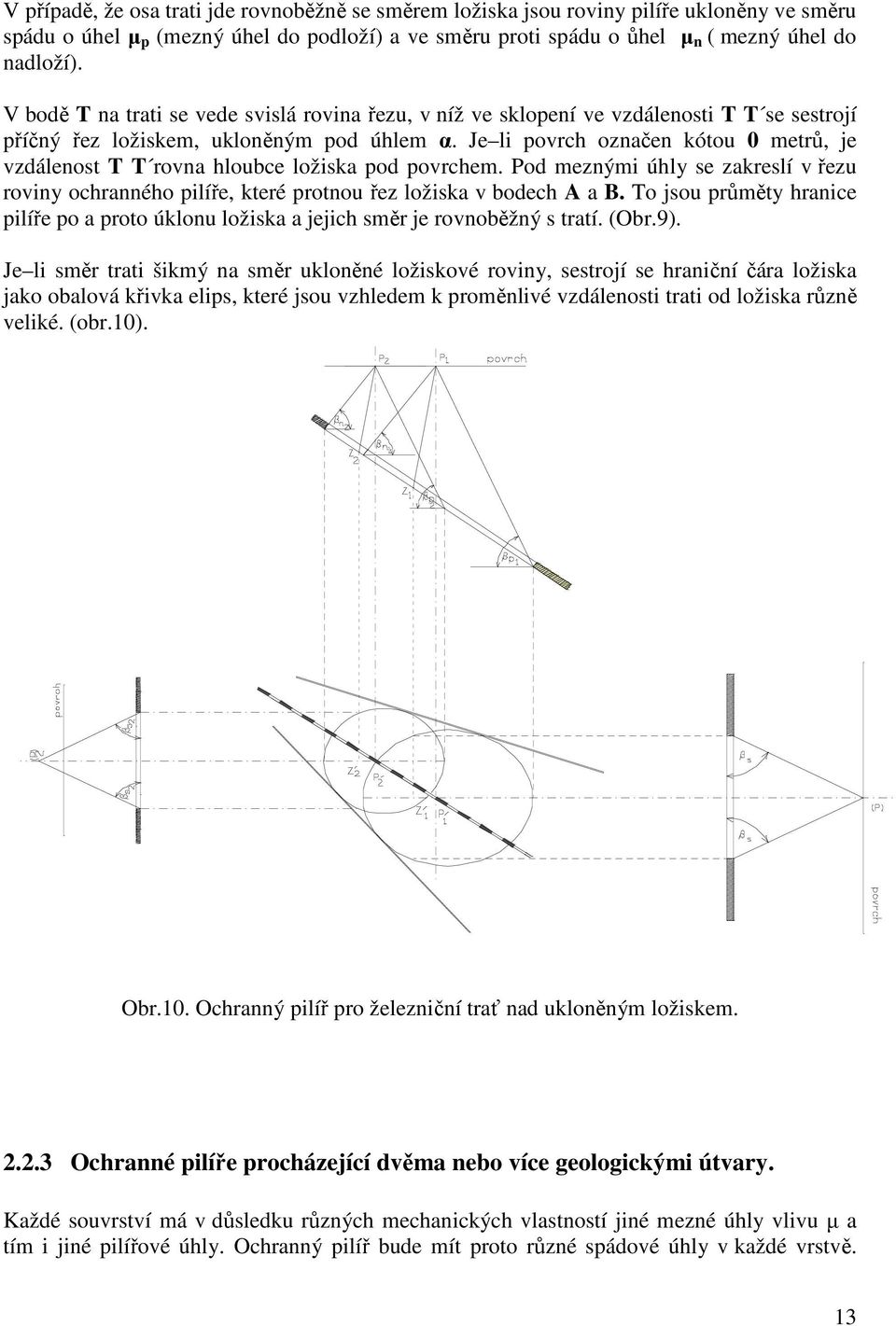 Je li povrch označen kótou 0 metrů, je vzdálenost T T rovna hloubce ložiska pod povrchem. Pod meznými úhly se zakreslí v řezu roviny ochranného pilíře, které protnou řez ložiska v bodech A a B.