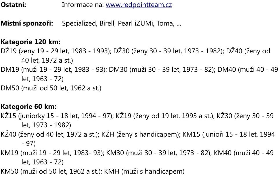 ) DM19 (muži 19-29 let, 1983-93); DM30 (muži 30-39 let, 1973-82); DM40 (muži 40-49 let, 1963-72) DM50 (muži od 50 let, 1962 a st.