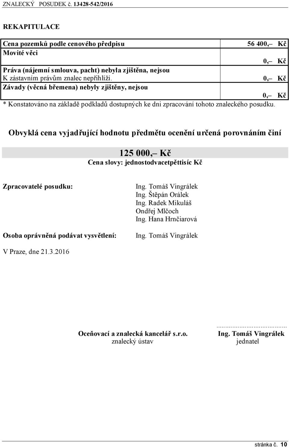 Obvyklá cena vyjadřující hodnotu předmětu ocenění určená porovnáním činí 125 000, Kč Cena slovy: jednostodvacetpěttisíc Kč Zpracovatelé posudku: Osoba oprávněná podávat vysvětlení: Ing.