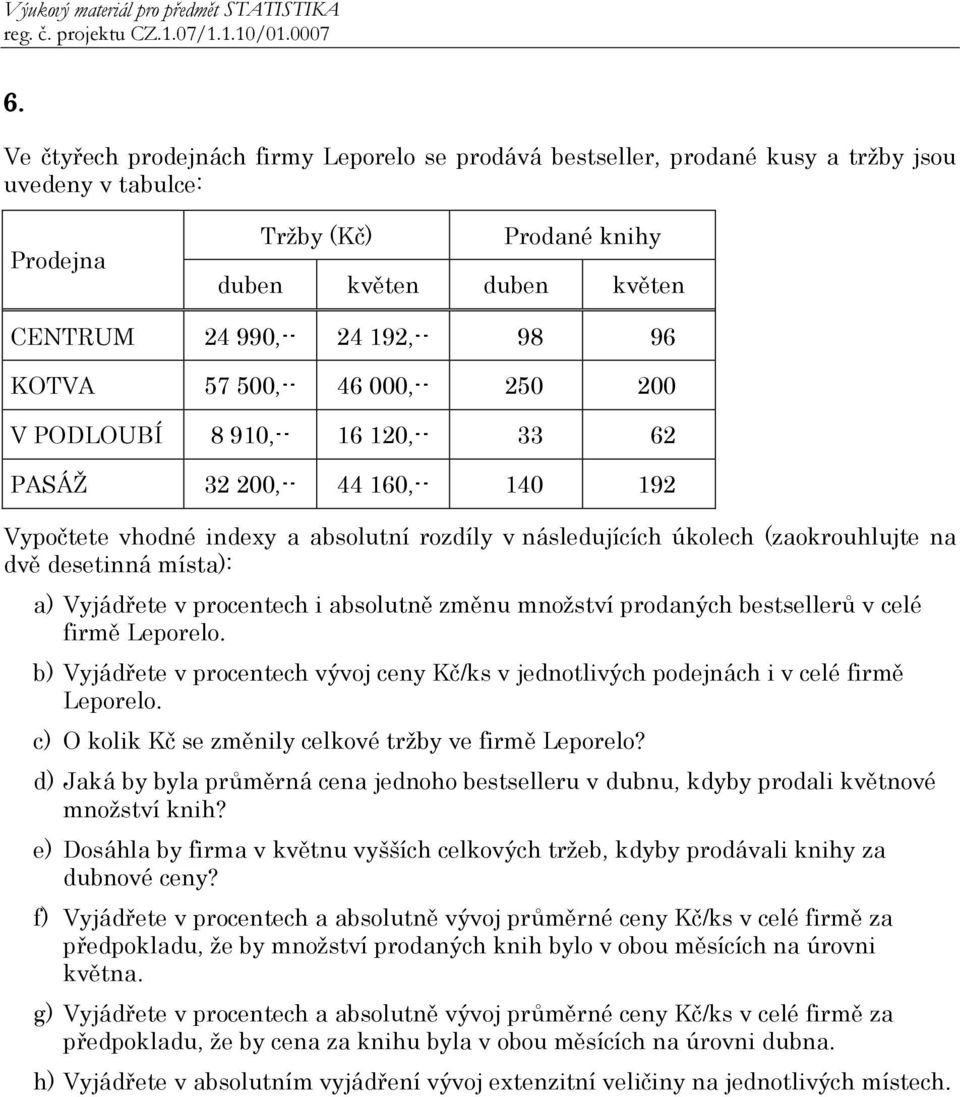 desetinná místa): a) Vyjádřete v procentech i absolutně změnu množství prodaných bestsellerů v celé firmě Leporelo.