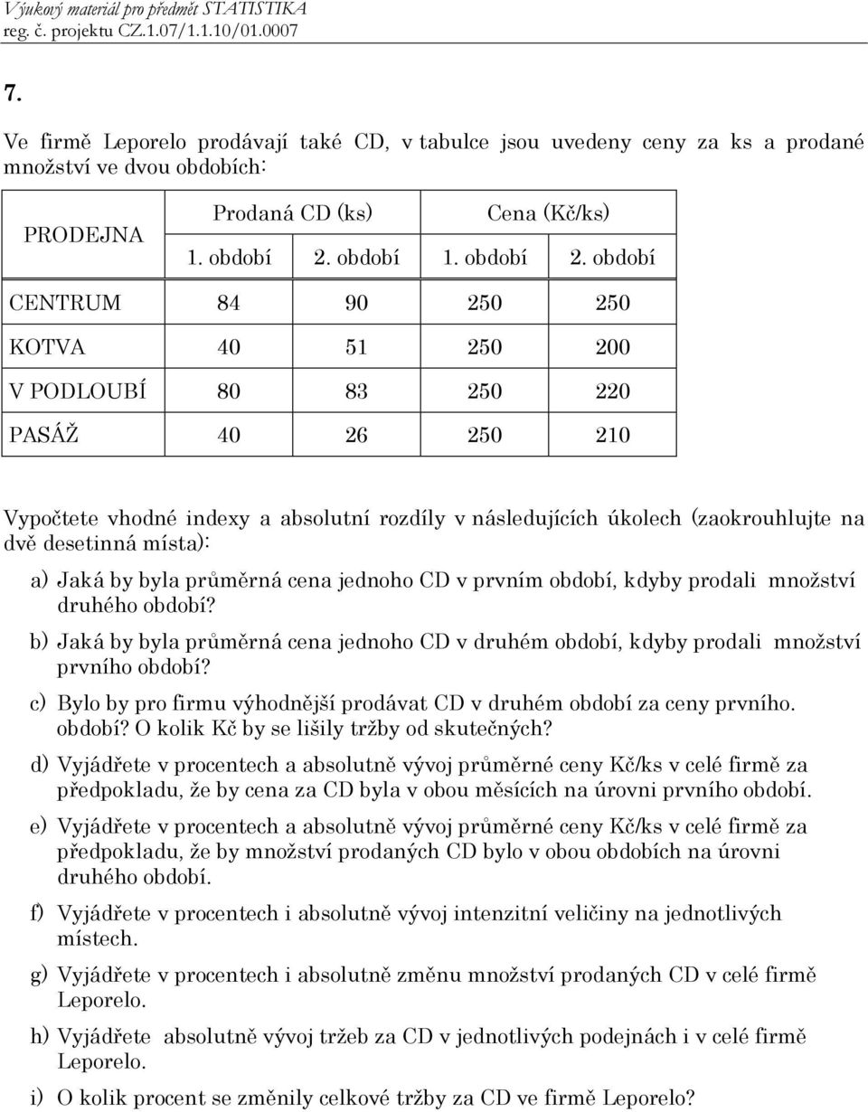 období CENTRUM 84 90 250 250 KOTVA 40 51 250 200 V PODLOUBÍ 80 83 250 220 PASÁŽ 40 26 250 210 Vypočtete vhodné indexy a absolutní rozdíly v následujících úkolech (zaokrouhlujte na dvě desetinná