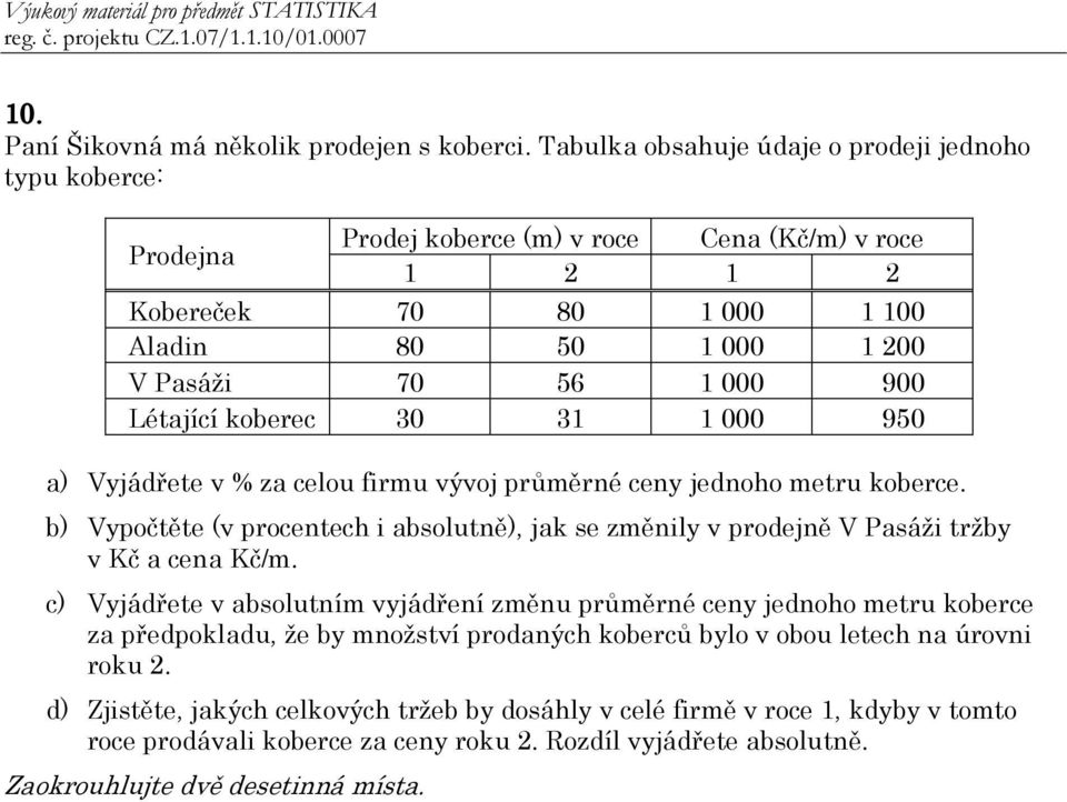 Létající koberec 30 31 1 000 950 a) Vyjádřete v % za celou firmu vývoj průměrné ceny jednoho metru koberce.