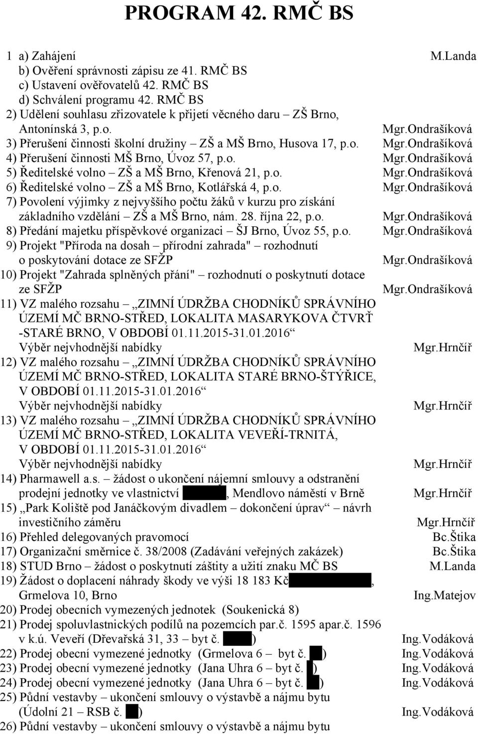 o. Mgr.Ondrašíková 5) Ředitelské volno ZŠ a MŠ Brno, Křenová 21, p.o. Mgr.Ondrašíková 6) Ředitelské volno ZŠ a MŠ Brno, Kotlářská 4, p.o. Mgr.Ondrašíková 7) Povolení výjimky z nejvyššího počtu žáků v kurzu pro získání základního vzdělání ZŠ a MŠ Brno, nám.