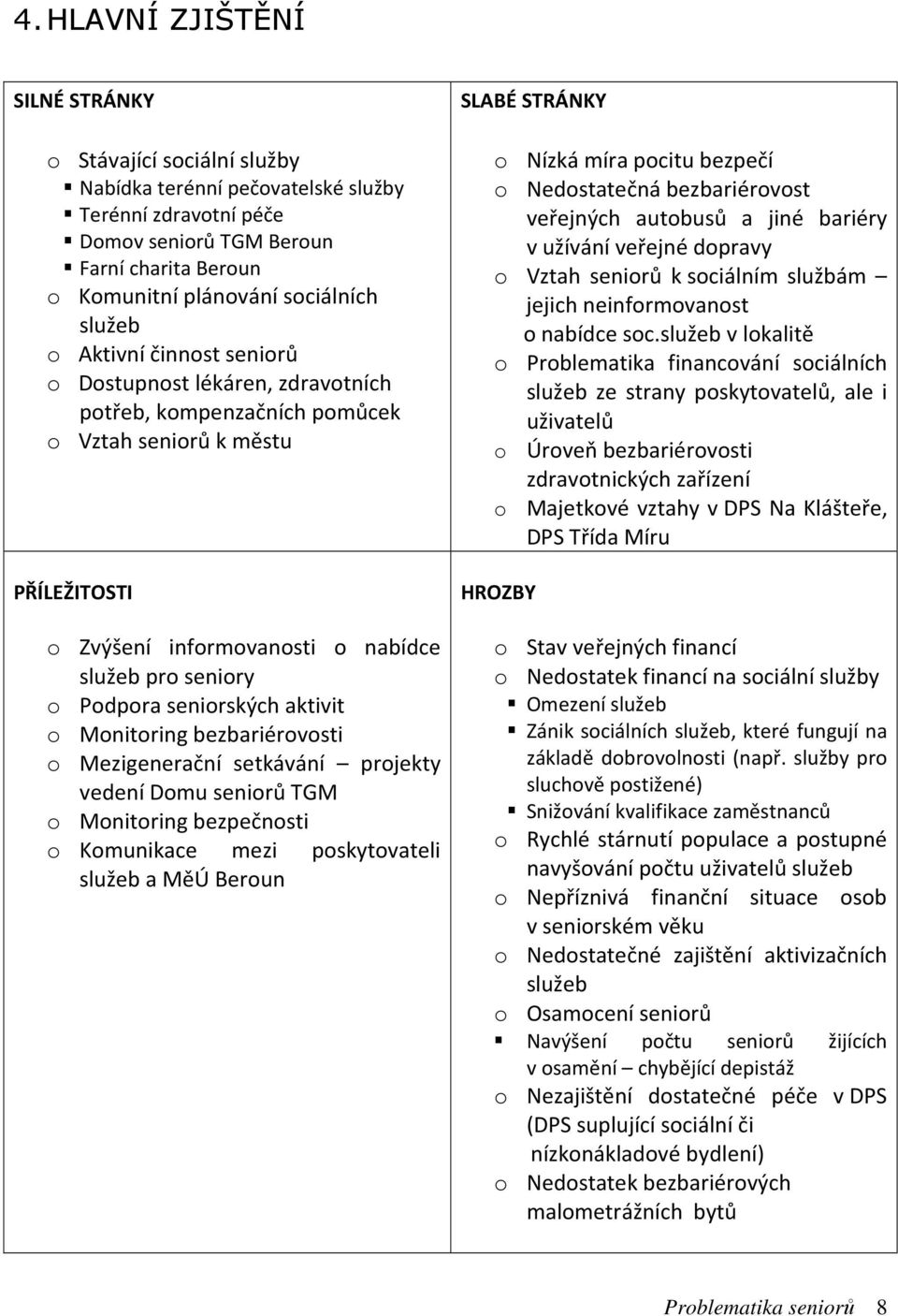 seniorských aktivit o Monitoring bezbariérovosti o Mezigenerační setkávání projekty vedení Domu seniorů TGM o Monitoring bezpečnosti o Komunikace mezi poskytovateli služeb a MěÚ Beroun SLABÉ STRÁNKY