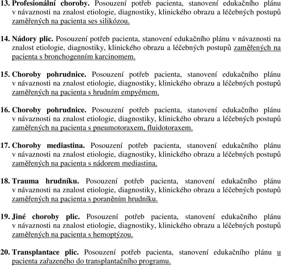 Choroby pohrudnice. Posouzení potřeb pacienta, stanovení edukačního plánu zaměřených na pacienta s hrudním empyémem. 16. Choroby pohrudnice.