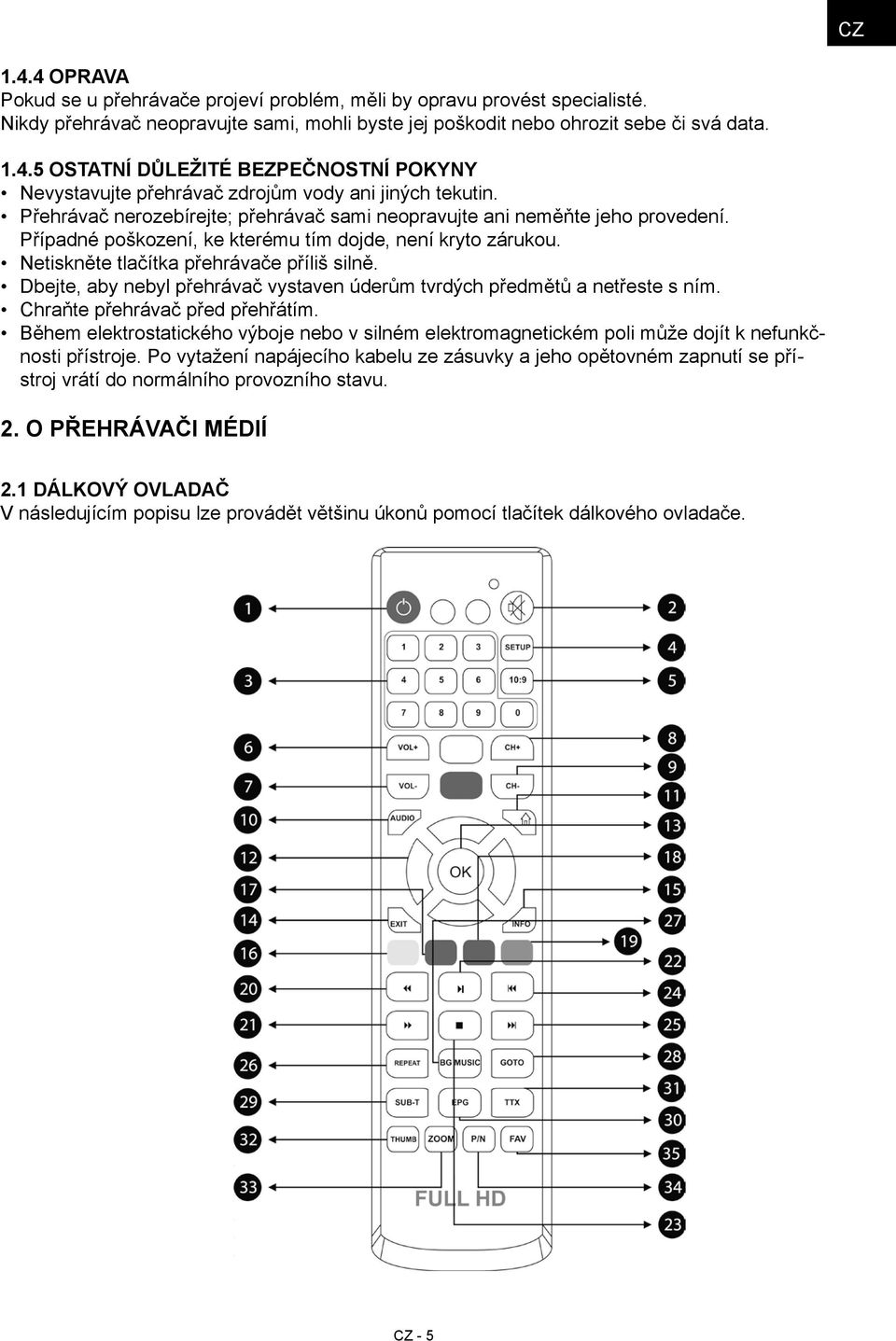 Dbejte, aby nebyl přehrávač vystaven úderům tvrdých předmětů a netřeste s ním. Chraňte přehrávač před přehřátím.