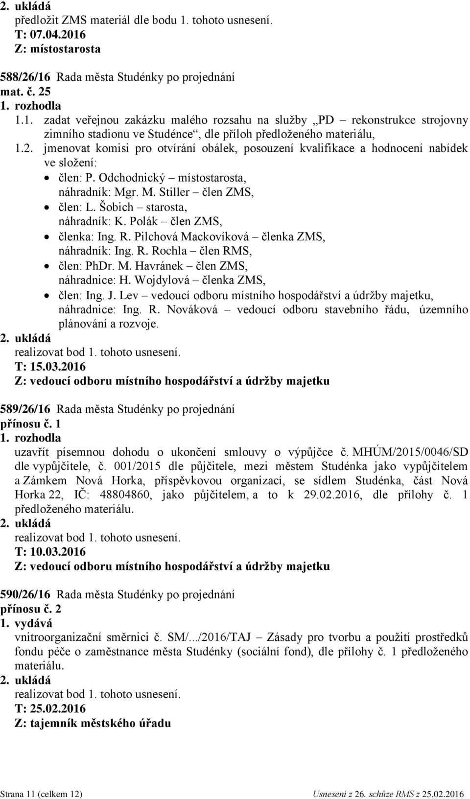 Šobich starosta, náhradník: K. Polák člen ZMS, členka: Ing. R. Pilchová Mackovíková členka ZMS, náhradník: Ing. R. Rochla člen RMS, člen: PhDr. M. Havránek člen ZMS, náhradnice: H.