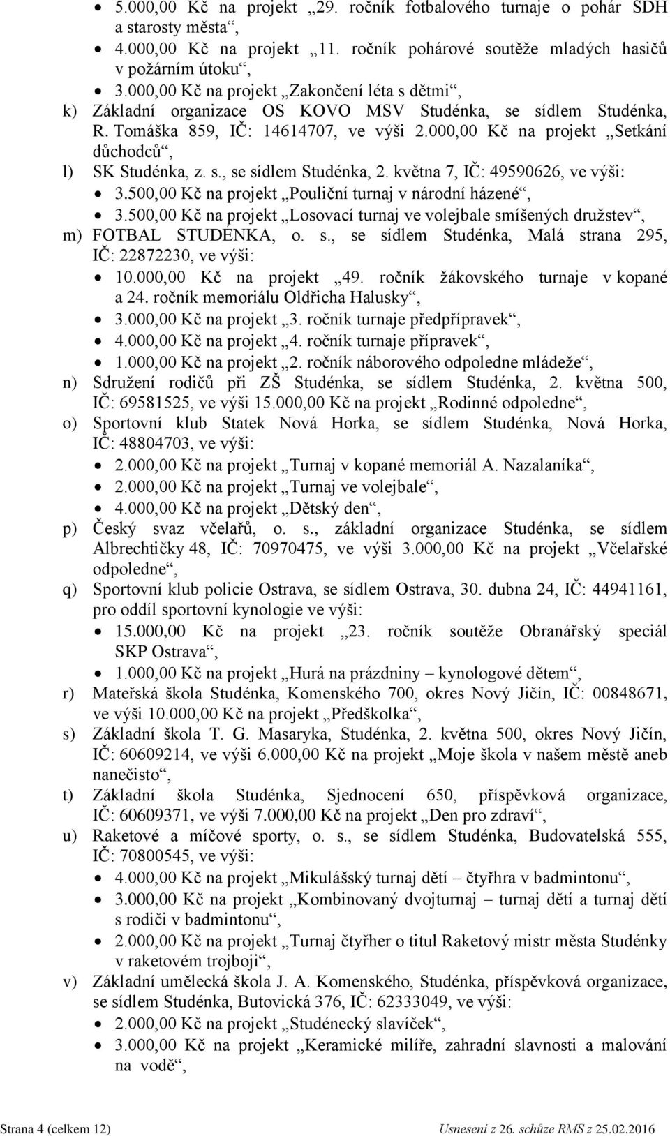 000,00 Kč na projekt Setkání důchodců, l) SK Studénka, z. s., se sídlem Studénka, 2. května 7, IČ: 49590626, ve výši: 3.500,00 Kč na projekt Pouliční turnaj v národní házené, 3.