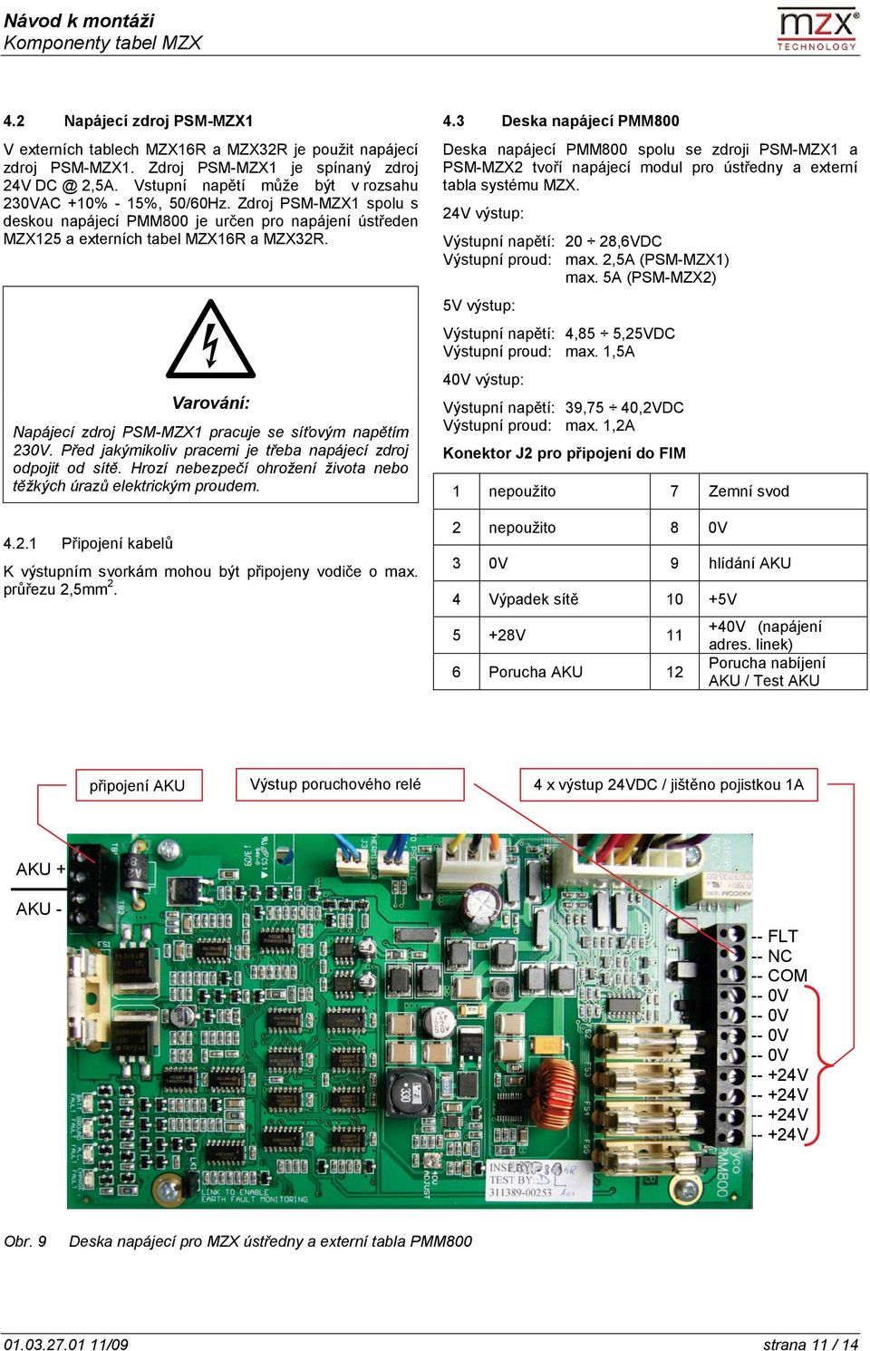 Varování: Napájecí zdroj PSM-MZX1 pracuje se síťovým napětím 230V. Před jakýmikoliv pracemi je třeba napájecí zdroj odpojit od sítě.