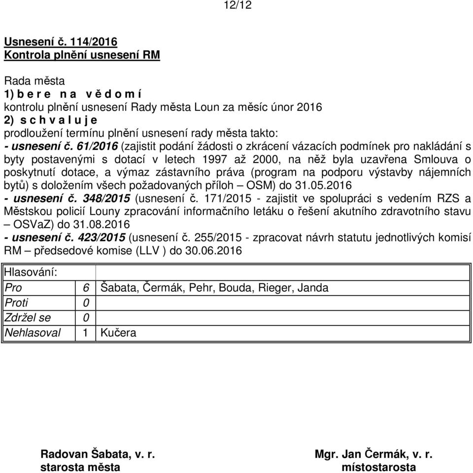 61/2016 (zajistit podání žádosti o zkrácení vázacích podmínek pro nakládání s byty postavenými s dotací v letech 1997 až 2000, na něž byla uzavřena Smlouva o poskytnutí dotace, a výmaz zástavního