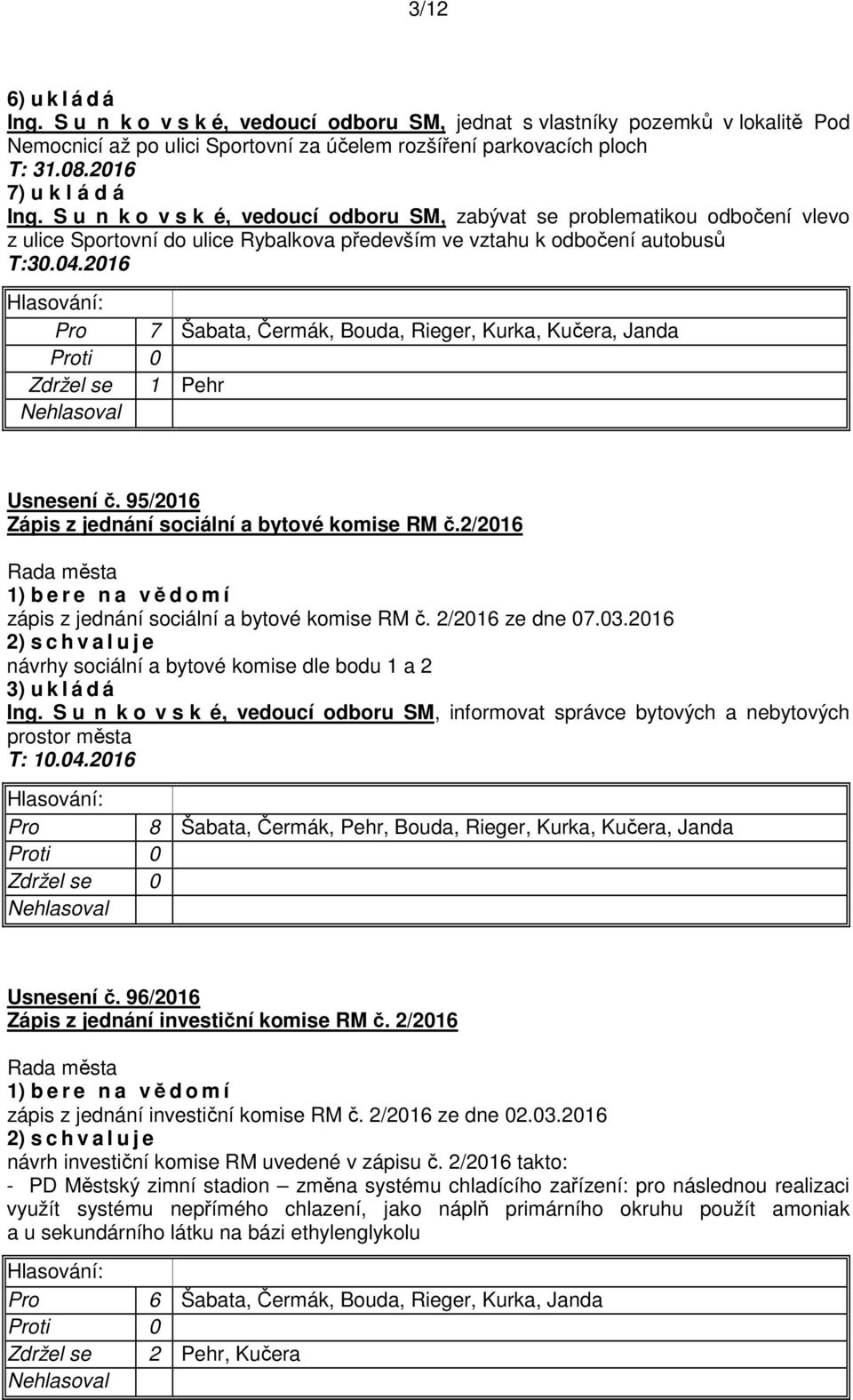 2016 Pro 7 Šabata, Čermák, Bouda, Rieger, Kurka, Kučera, Janda Zdržel se 1 Pehr Usnesení č. 95/2016 Zápis z jednání sociální a bytové komise RM č.