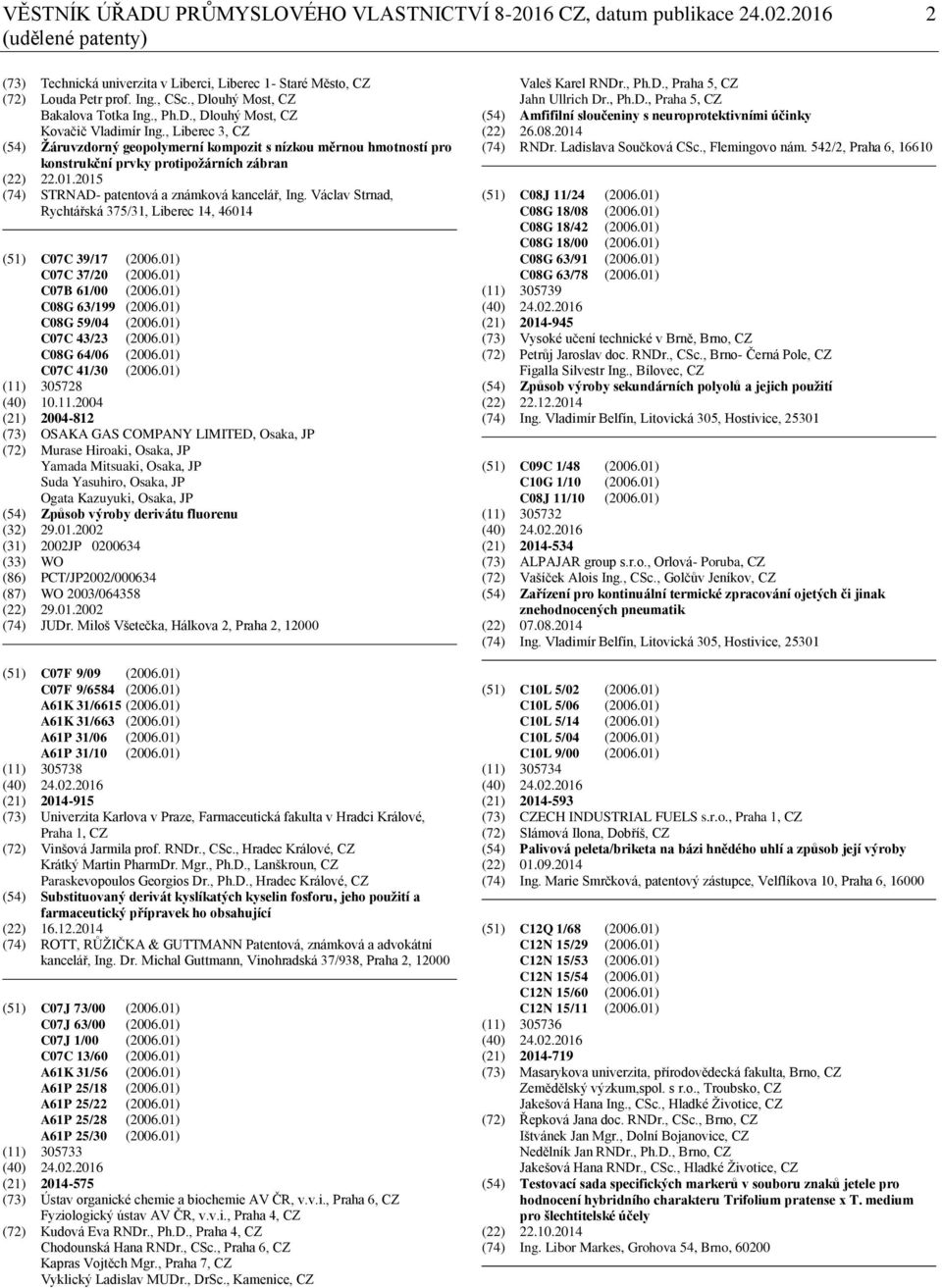 , Liberec 3, CZ (54) Žáruvzdorný geopolymerní kompozit s nízkou měrnou hmotností pro konstrukční prvky protipožárních zábran (22) 22.01.2015 (74) STRNAD- patentová a známková kancelář, Ing.