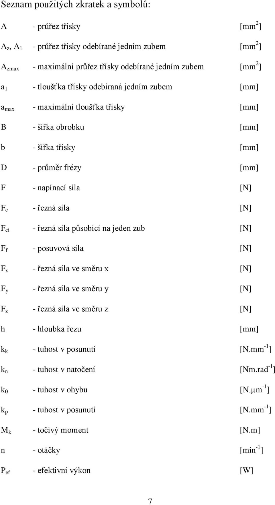 ci - řezná síla působící na jeden zub [N] F f - posuvová síla [N] F x - řezná síla ve směru x [N] F y - řezná síla ve směru y [N] F z - řezná síla ve směru z [N] h - hloubka řezu [mm] k k -