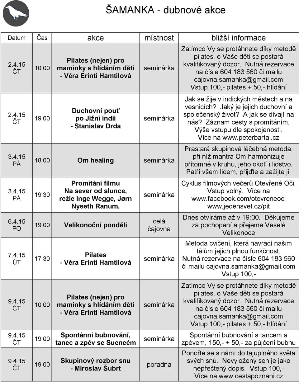 Velikonoční pondělí Spontánní bubnování, tanec a zpěv se Sueneém Skupinový rozbor snů - Miroslav Šubrt celá poradna pilates + 50,- hlídání Jak se žije v indických městech a na vesnicích?