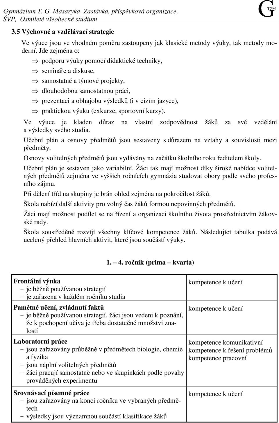 Jde zejména o: podporu výuky pomocí didaktické techniky, semináře a diskuse, samostatné a týmové projekty, dlouhodobou samostatnou práci, prezentaci a obhajobu výsledků (i v cizím jazyce), praktickou