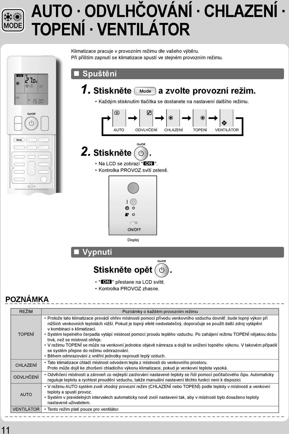 Vypnutí Displej Stiskněte opět. POZNÁMKA " " přestane na LCD svítit. Kontrolka PROVOZ zhasne.