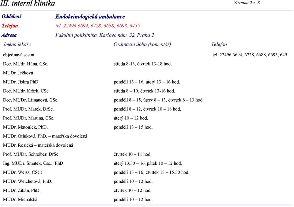 Rosická mateřská dovolená Prof. MUDr. Schreiber, DrSc. Ing. MUDr. Smutek, Csc.., PhD MUDr. Weiss, CSc.: MUDr. Weichetová, PhD. MUDr. Zikán, PhD. MUDr. Michalská středa 8-13, čtvrtek 13-18 hod.