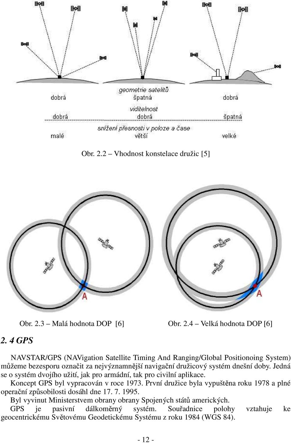 4 GPS 3 Malá hodnota DOP [6] 4 Velká hodnota DOP [6] NAVSTAR/GPS (NAVigation Satellite Timing And Ranging/Global Positionoing System) můžeme bezesporu označit za