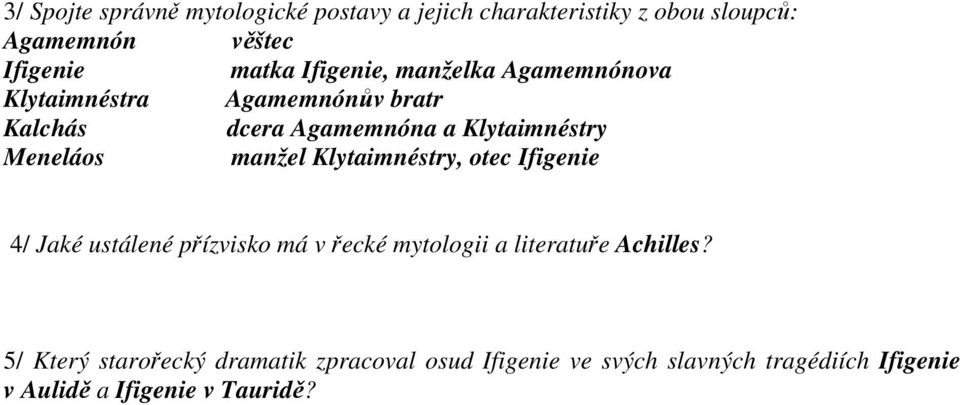 manžel Klytaimnéstry, otec Ifigenie 4/ Jaké ustálené přízvisko má v řecké mytologii a literatuře Achilles?