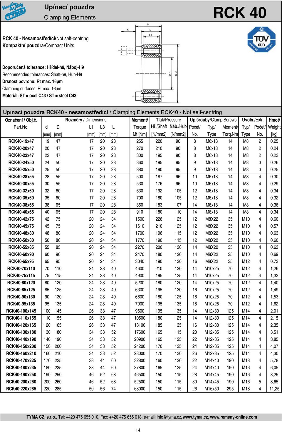 /Hub Počet/ Typ/ Moment/ Typ/ Počet/ Weight [mm] [mm] [mm] [mm] [mm] Mt [Nm] [N/mm2] [N/mm2] No. Type Torq.Nm Type No. [kg] RCK40-19x47 19 47 17 20 28 255 220 90 8 M6x18 14 M8 2 0.